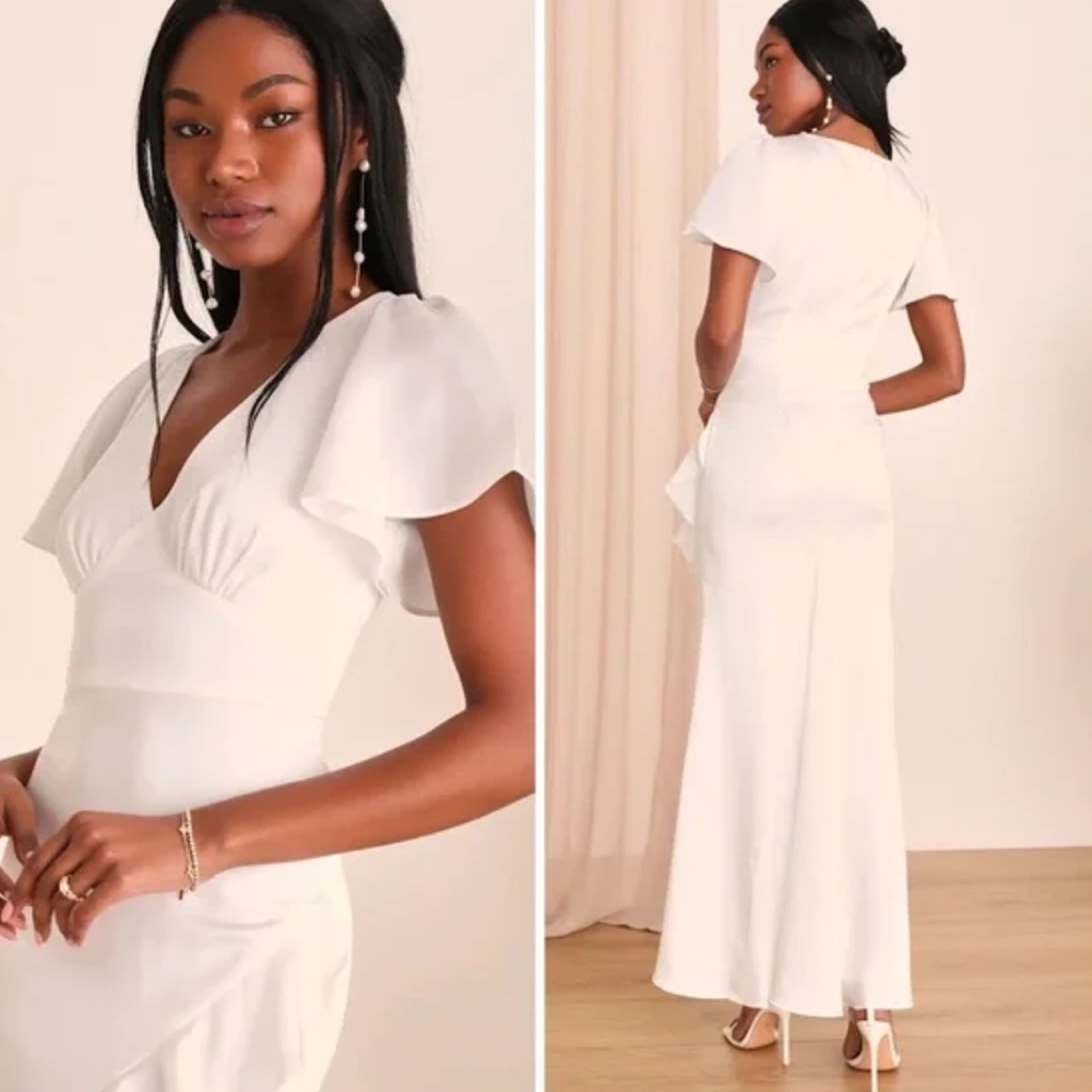 Lulus Eternal Bond White Satin Ruffled Flutter Sleeve Maxi Dress *NWT!* sz XS - Picture 2 of 14
